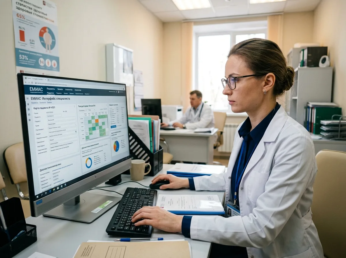Специалист по цифровому здравоохранению работает с интерфейсом ЕМИАС на рабочем месте врача в медицинской организации