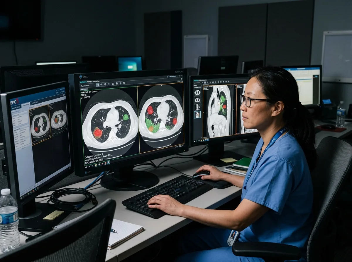 Нейронная сеть анализирует КТ-снимок лёгких, выделяя очаги патологии цветовой маской на экране монитора в радиологическом кабинете