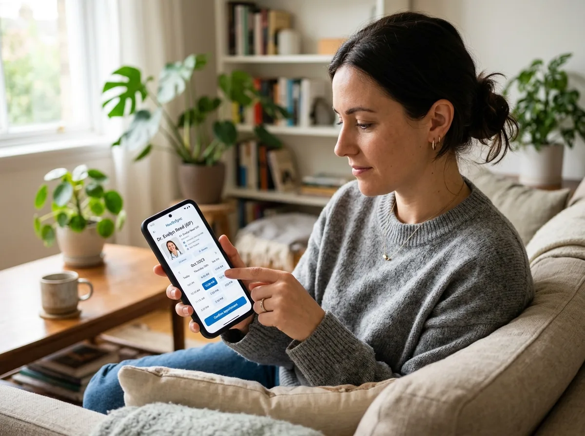 Пациент записывается к врачу онлайн через смартфон, интерфейс медицинского приложения с расписанием врачей